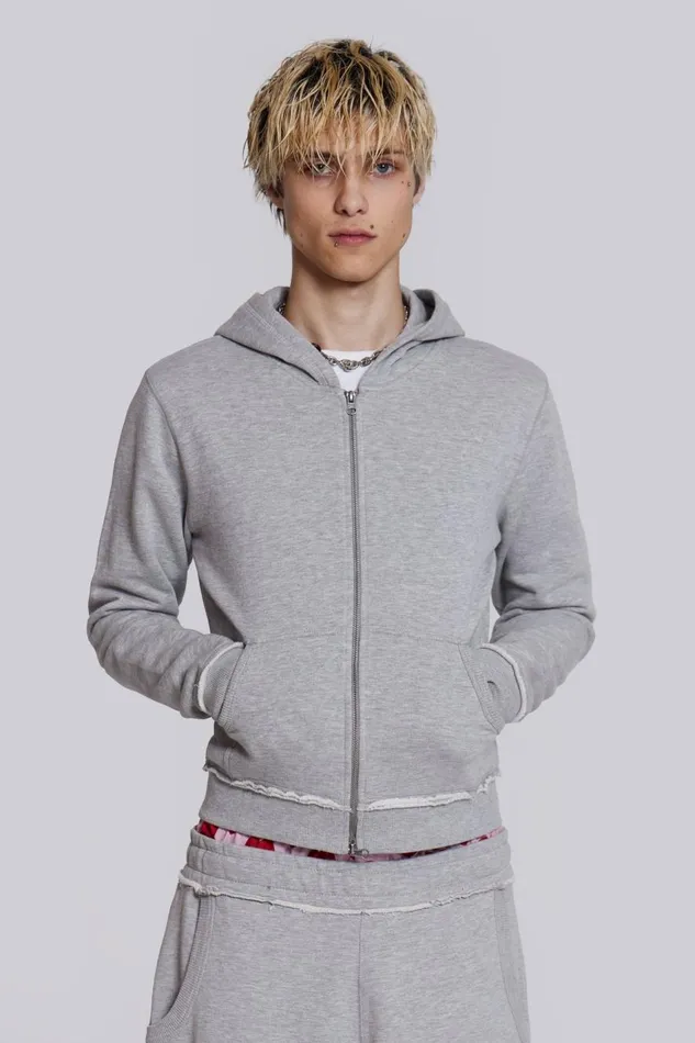 Jaded London Grey Shrunken Zip Hoodie Men Hoodies and Sweatshirts