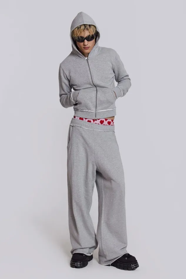 Jaded London Grey Shrunken Zip Hoodie Men Hoodies and Sweatshirts