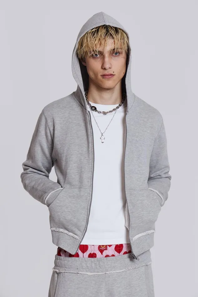 Jaded London Grey Shrunken Zip Hoodie Men Hoodies and Sweatshirts