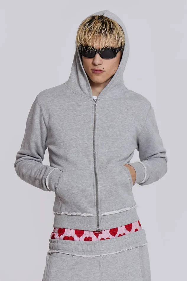 Jaded London Grey Shrunken Zip Hoodie Men Hoodies and Sweatshirts