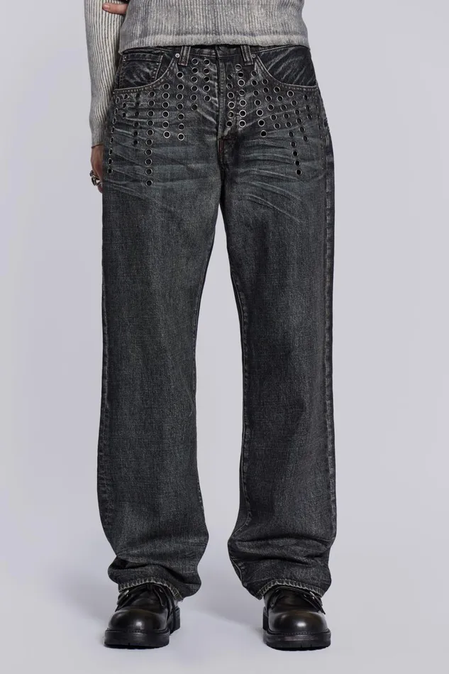 Jaded London Grey Slub Eyelet Straight Fit Jeans Men Baggy Jeans