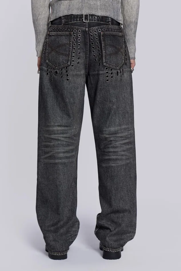 Jaded London Grey Slub Eyelet Straight Fit Jeans Men Baggy Jeans