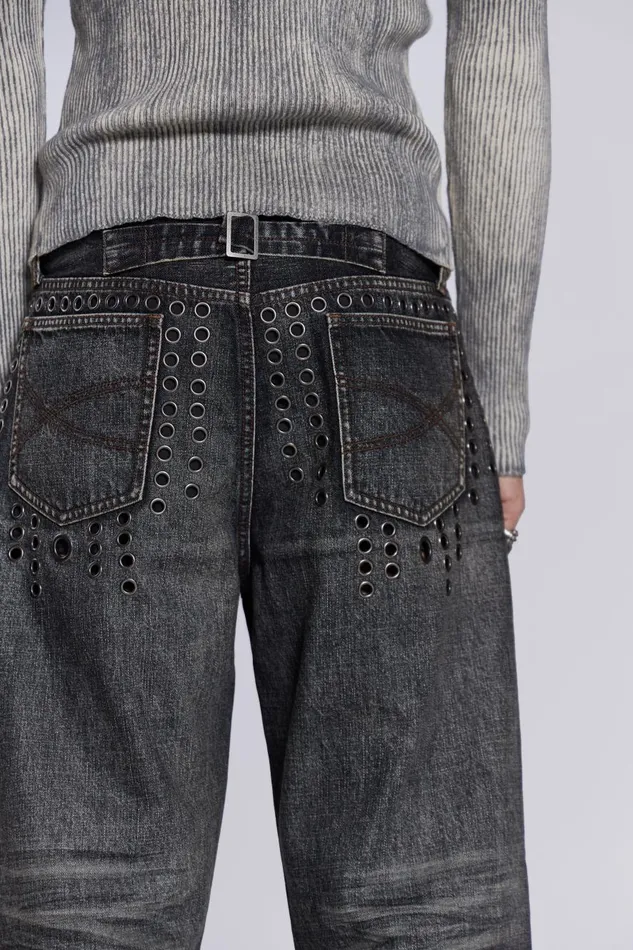 Jaded London Grey Slub Eyelet Straight Fit Jeans Men Baggy Jeans