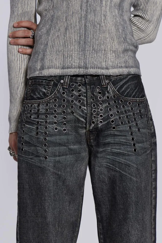 Jaded London Grey Slub Eyelet Straight Fit Jeans Men Baggy Jeans