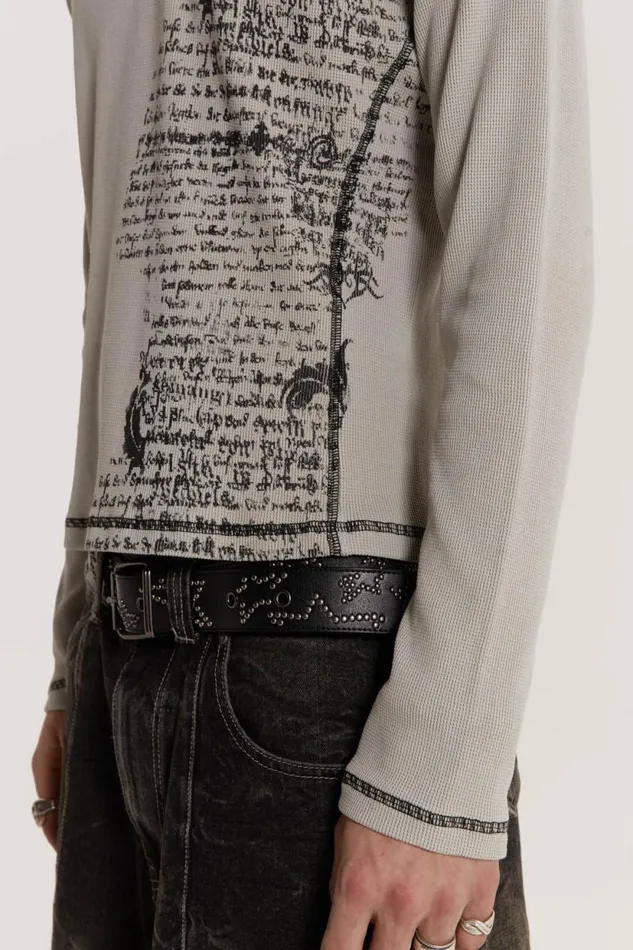 Jaded London Grey Text Print Waffle Long Sleeve Top Men TShirts and Vests