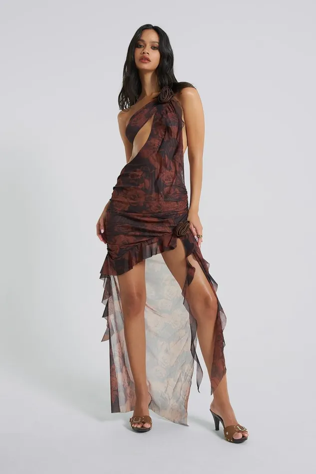 Jaded London Grunge Rose Print Shoulder Draped Rosette Maxi Dress Women Maxi Dresses Jaded London Grunge Rose Print Shoulder Draped Rosette Maxi Dress Women Maxi Dresses