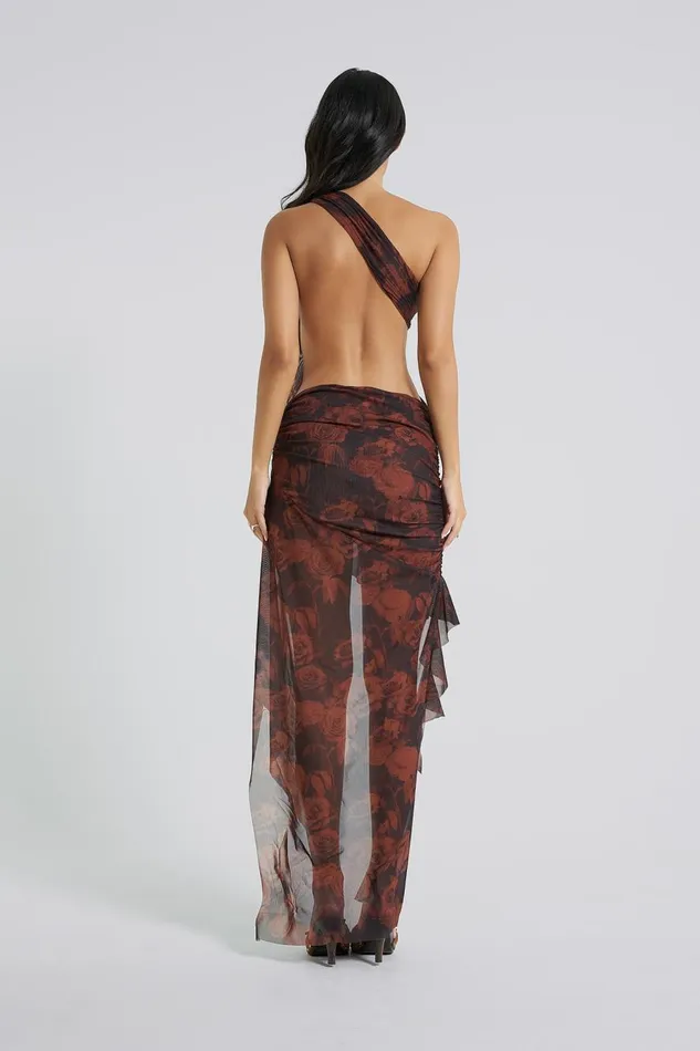 Jaded London Grunge Rose Print Shoulder Draped Rosette Maxi Dress Women Maxi Dresses