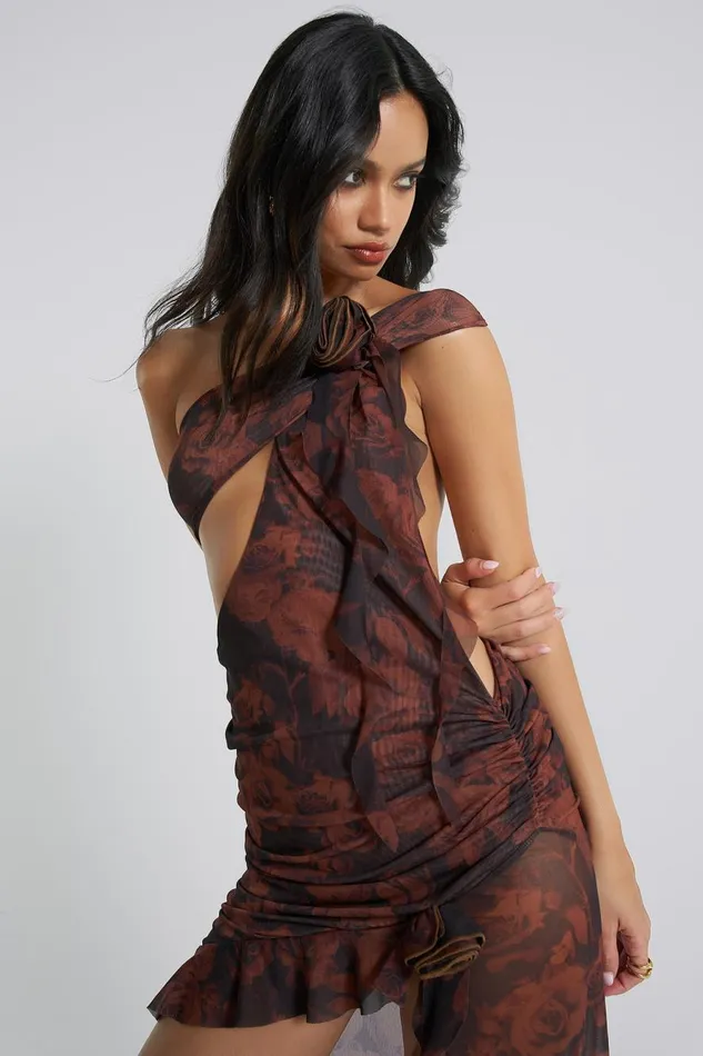 Jaded London Grunge Rose Print Shoulder Draped Rosette Maxi Dress Women Maxi Dresses