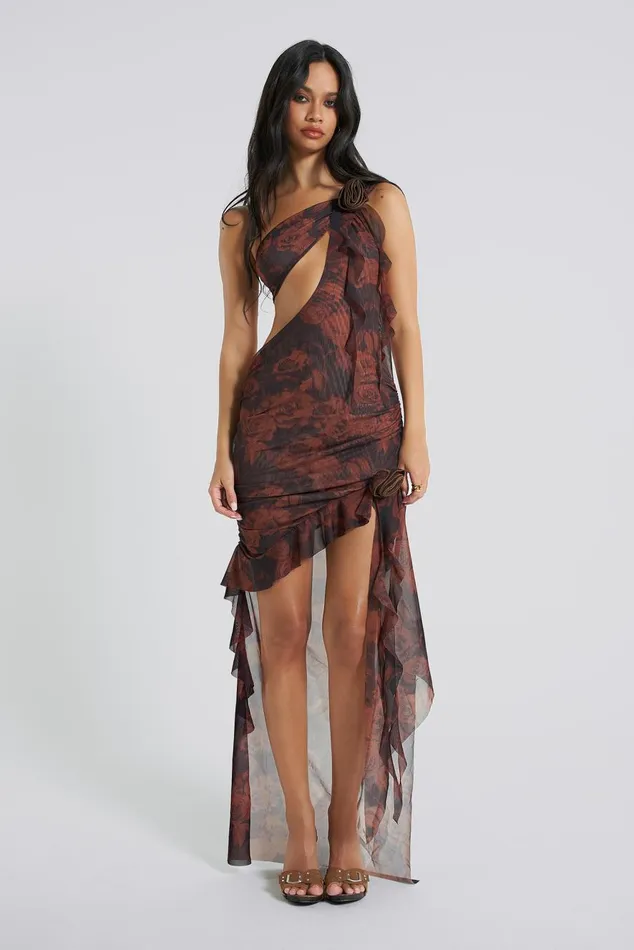 Jaded London Grunge Rose Print Shoulder Draped Rosette Maxi Dress Women Maxi Dresses