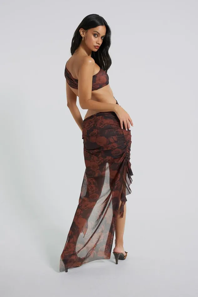 Jaded London Grunge Rose Print Shoulder Draped Rosette Maxi Dress Women Maxi Dresses