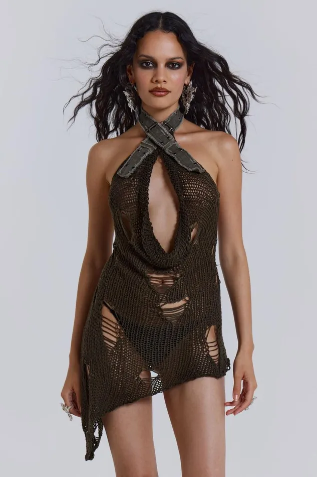 Jaded London Halterneck Laddered Knit Buckle Dress Women Mini Dresses