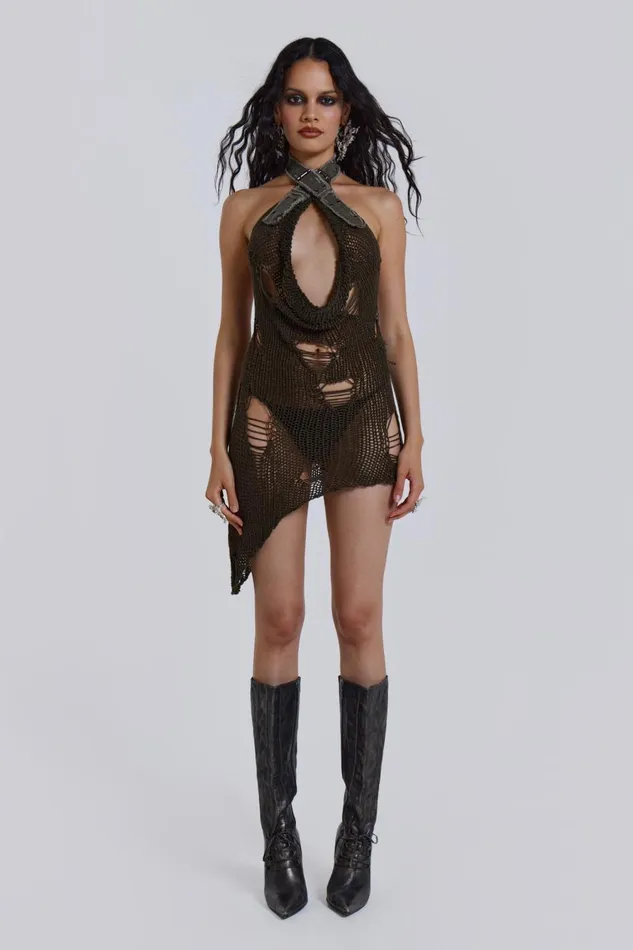 Jaded London Halterneck Laddered Knit Buckle Dress Women Mini Dresses