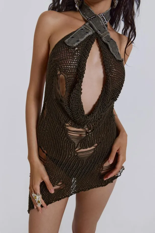 Jaded London Halterneck Laddered Knit Buckle Dress Women Mini Dresses