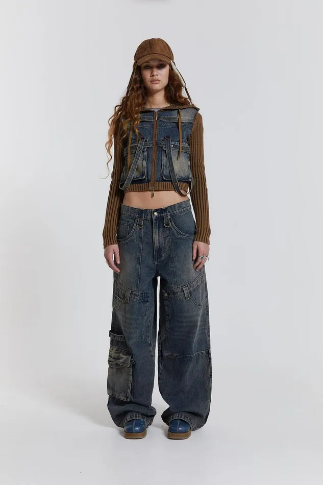 Jaded London Indigo Sand Wash Colossus Fit Jeans With Double Layer and Hardware Details Women Jeans