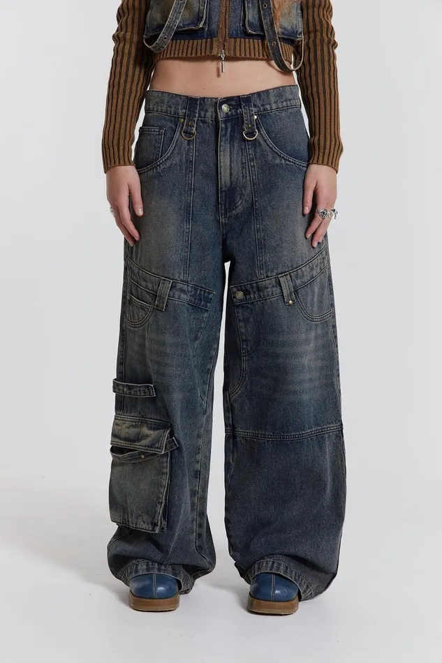Jaded London Indigo Sand Wash Colossus Fit Jeans With Double Layer and Hardware Details Women Jeans