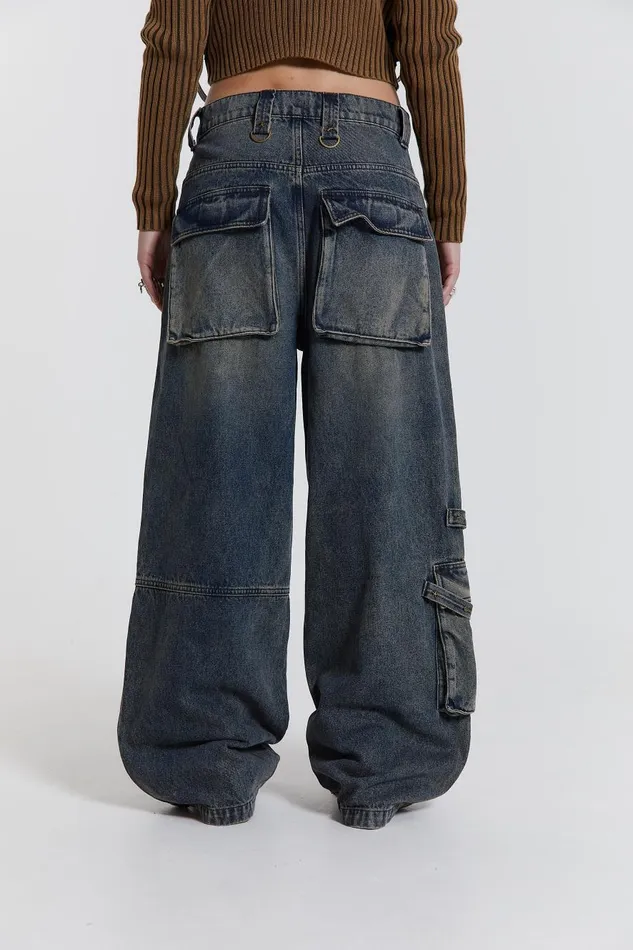 Jaded London Indigo Sand Wash Colossus Fit Jeans With Double Layer and Hardware Details Women Jeans