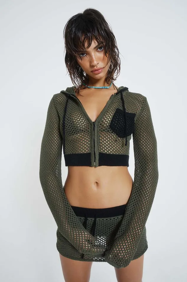 Jaded London Khaki Green Crochet Zip Through Hoodie Women Beach Cover Ups