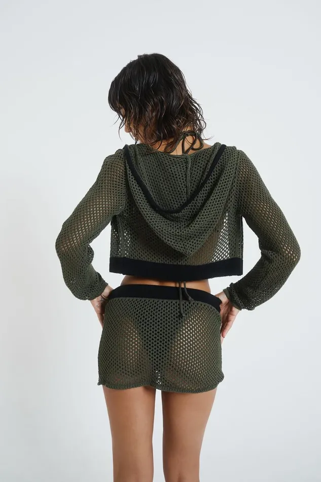 Jaded London Khaki Green Crochet Zip Through Hoodie Women Beach Cover Ups