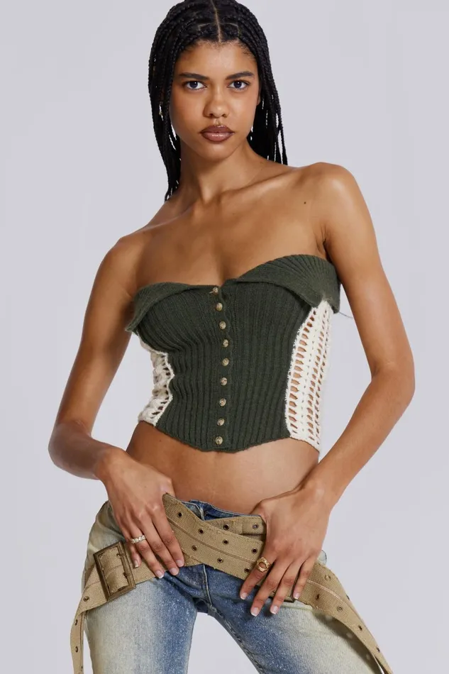 Jaded London Khaki Green Knitted Corset Top Women Knitwear
