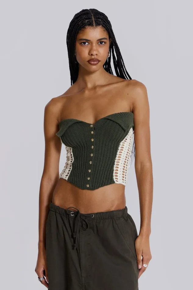 Jaded London Khaki Green Knitted Corset Top Women Knitwear