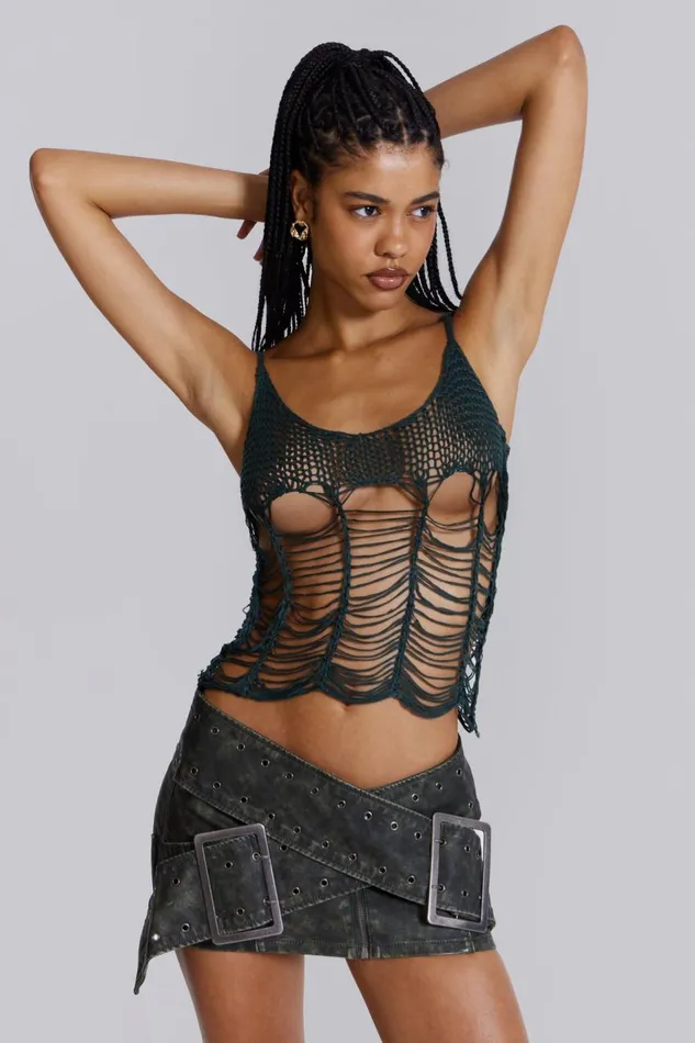 Jaded London Khaki Green Laddered Knit Top Women Knitwear