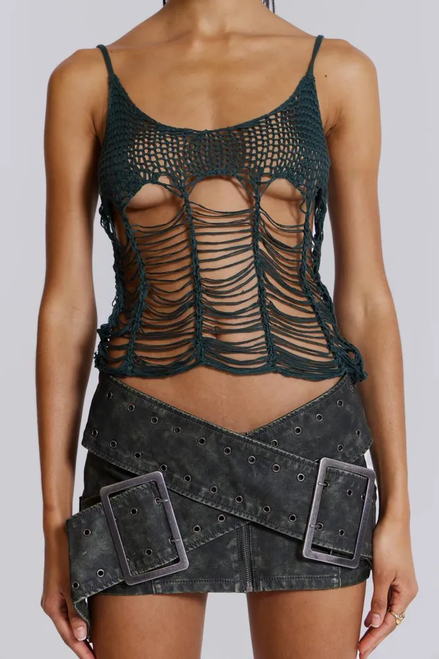Jaded London Khaki Green Laddered Knit Top Women Knitwear