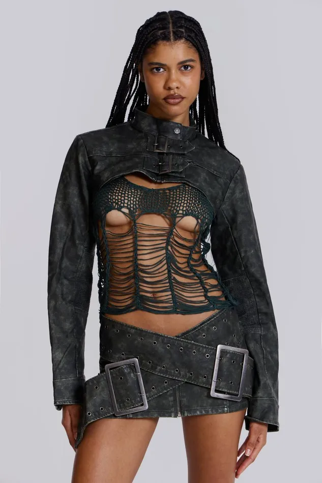 Jaded London Khaki Green Laddered Knit Top Women Knitwear