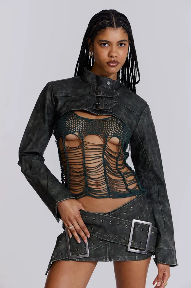 Jaded London Khaki Green Laddered Knit Top Women Knitwear