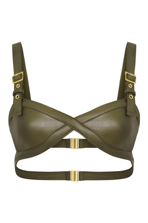 Jaded London Khaki Leather Look Buckle Bikini Top Women Bikini Tops