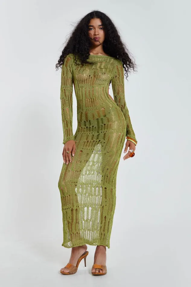 Jaded London Khaki Maxi Umbra Dress Women Knitwear