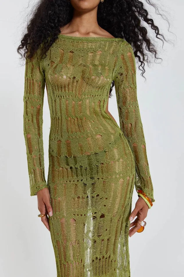 Jaded London Khaki Maxi Umbra Dress Women Knitwear