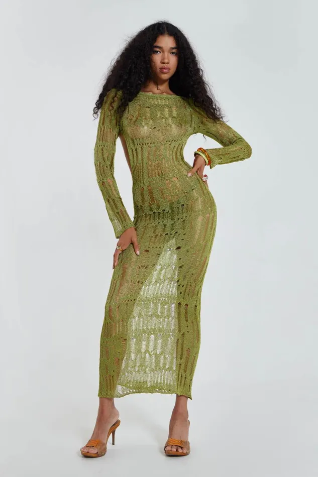 Jaded London Khaki Maxi Umbra Dress Women Knitwear