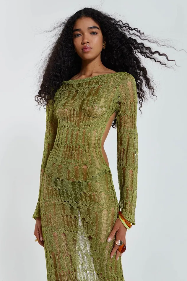 Jaded London Khaki Maxi Umbra Dress Women Knitwear