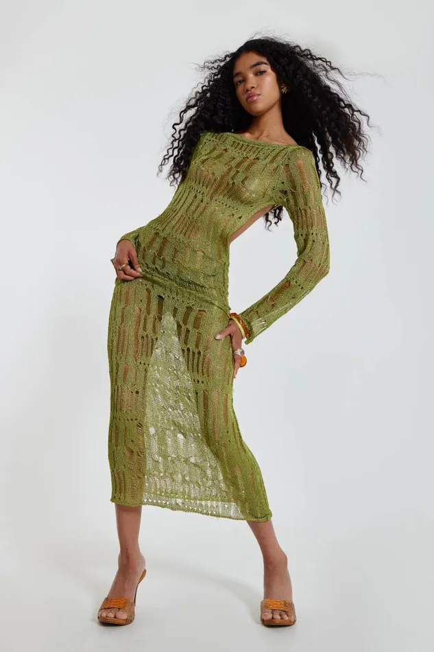 Jaded London Khaki Maxi Umbra Dress Women Knitwear