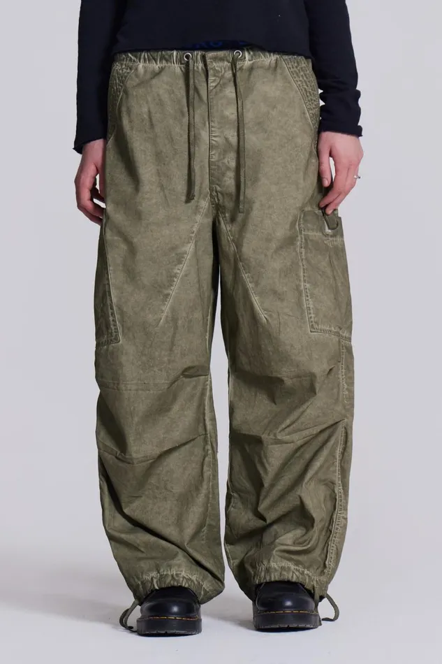 Jaded London Khaki Oil Wash Parachute Cargo Pants Men Parachute Pants