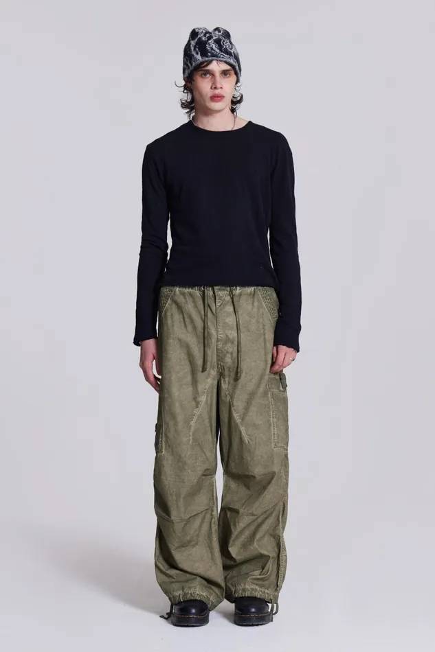 Jaded London Khaki Oil Wash Parachute Cargo Pants Men Parachute Pants