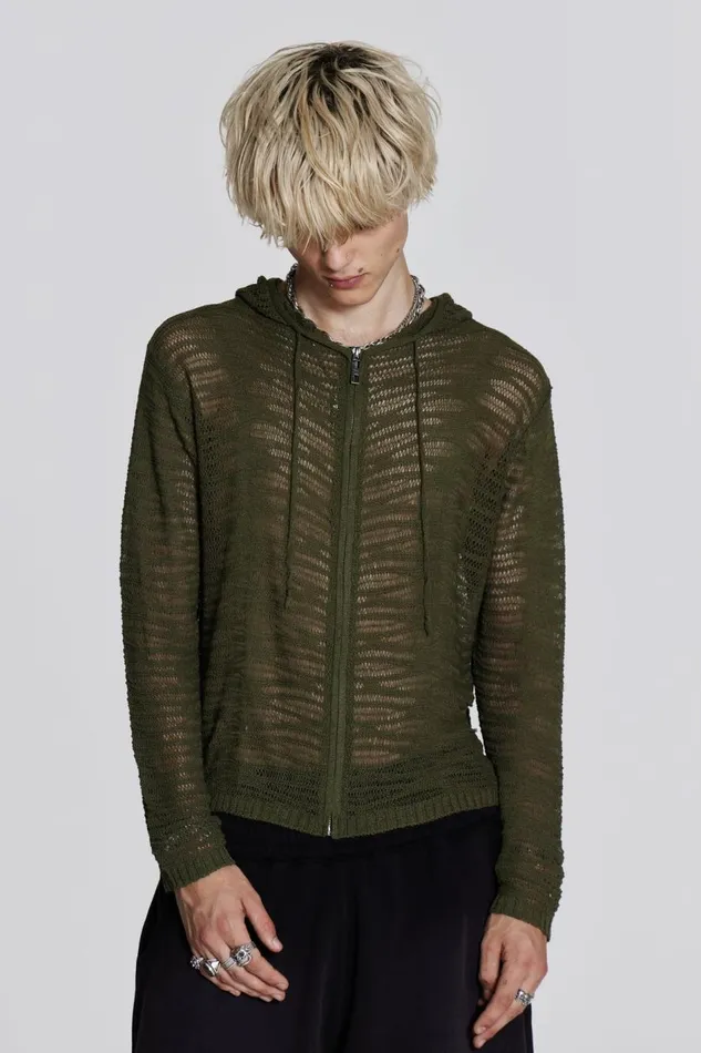 Jaded London Khaki Open Knit Zip Through Hoodie Men Knitwear