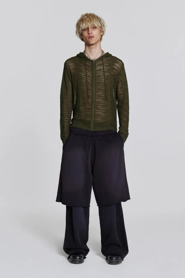 Jaded London Khaki Open Knit Zip Through Hoodie Men Knitwear