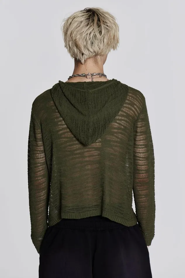 Jaded London Khaki Open Knit Zip Through Hoodie Men Knitwear