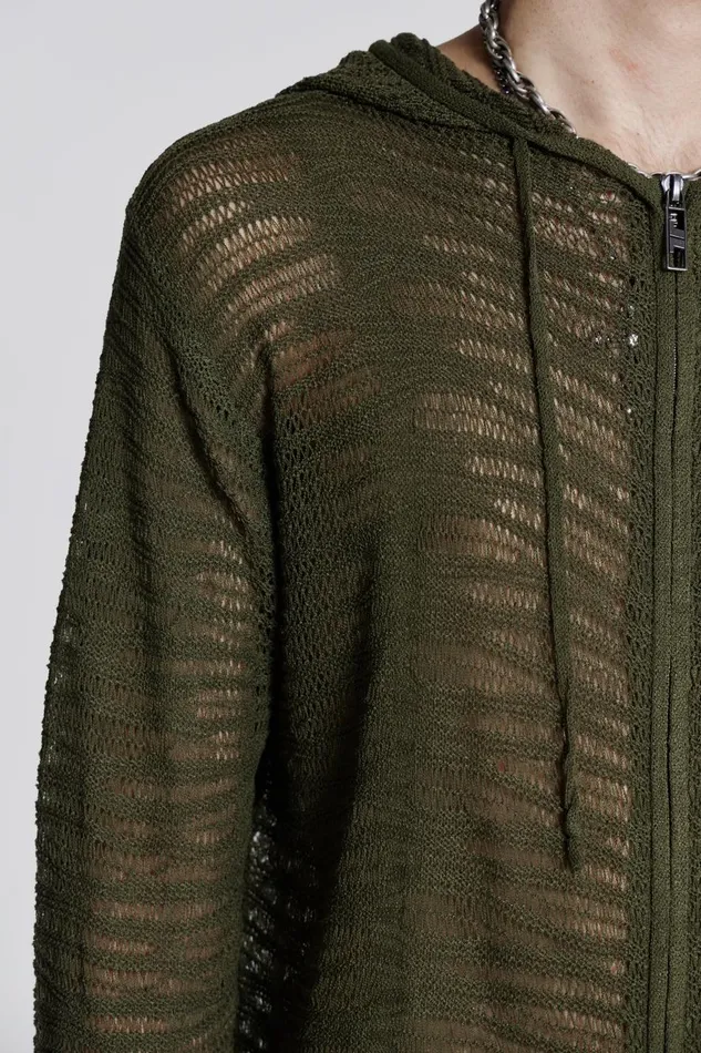 Jaded London Khaki Open Knit Zip Through Hoodie Men Knitwear
