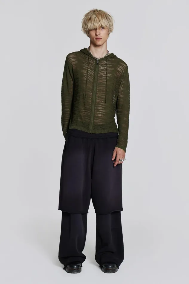 Jaded London Khaki Open Knit Zip Through Hoodie Men Knitwear