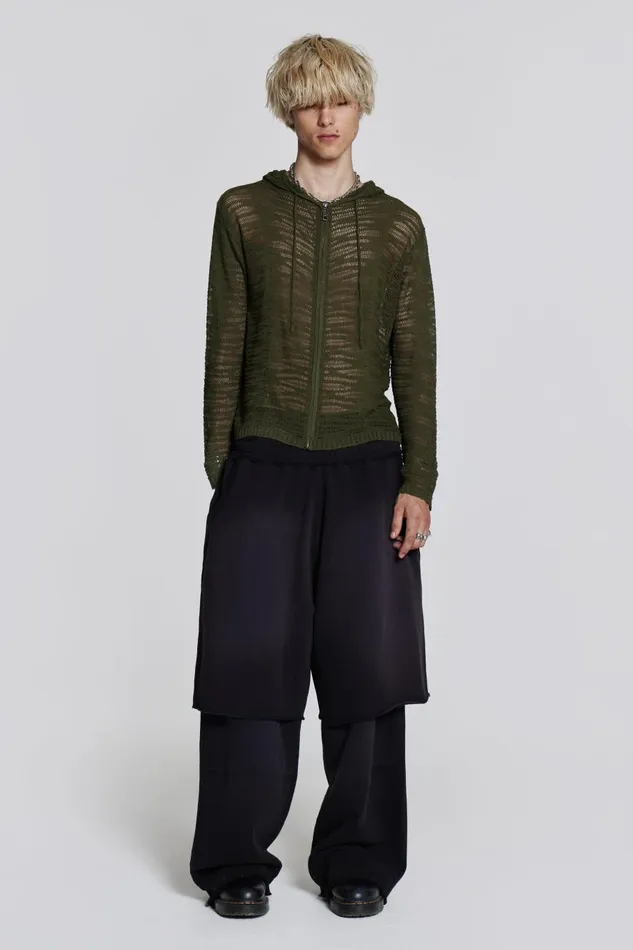 Jaded London Khaki Open Knit Zip Through Hoodie Men Knitwear