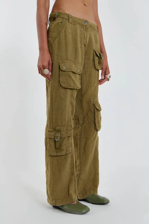 Jaded London Khaki Skinny Linen Cargo Trousers Women Trousers and Pants