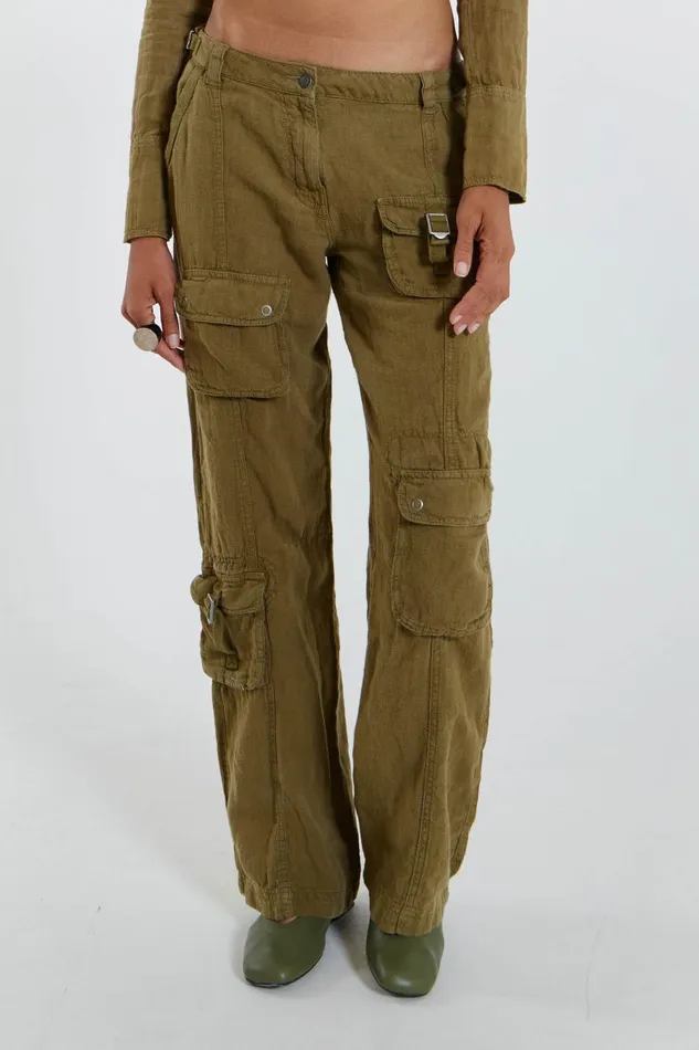 Jaded London Khaki Skinny Linen Cargo Trousers Women Trousers and Pants