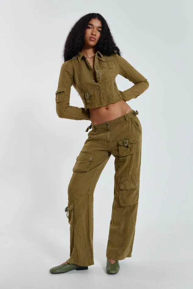 Jaded London Khaki Skinny Linen Cargo Trousers Women Trousers and Pants