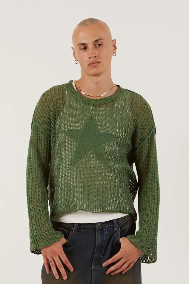 Jaded London Khaki Star Loose Knit Jumper Men Knitwear