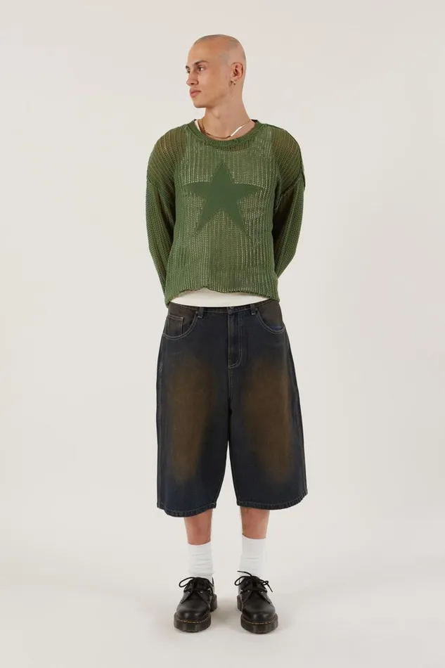 Jaded London Khaki Star Loose Knit Jumper Men Knitwear Jaded London Khaki Star Loose Knit Jumper Men Knitwear
