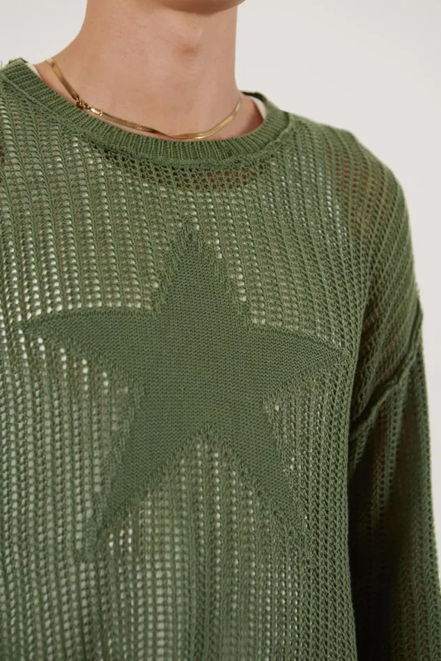 Jaded London Khaki Star Loose Knit Jumper Men Knitwear Jaded London Khaki Star Loose Knit Jumper Men Knitwear
