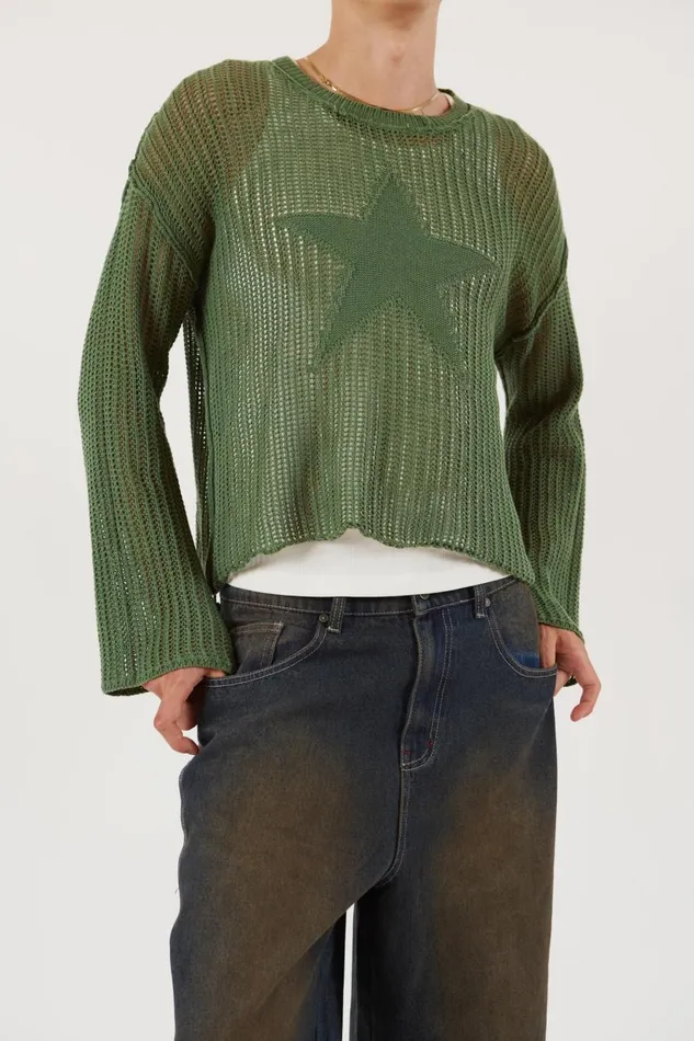 Jaded London Khaki Star Loose Knit Jumper Men Knitwear Jaded London Khaki Star Loose Knit Jumper Men Knitwear