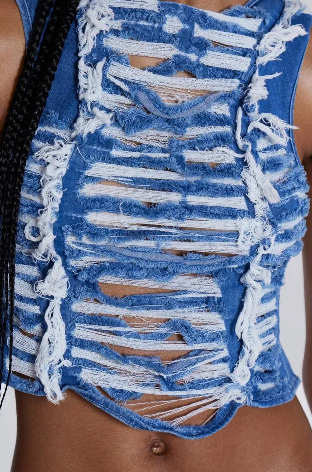 Jaded London Knitted Denim Distressed High Neck Tank Top Women CoOrds
